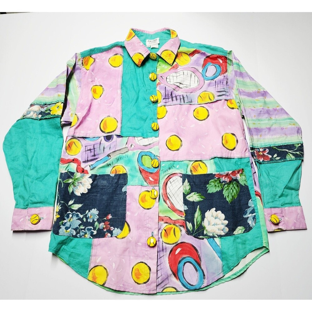 VTG 80s Encore By Silkscapes Hand Painted Tennis Button Up Shacket Size Small P